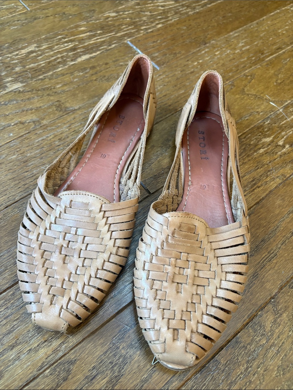 Storia Tan Woven Leather Huarache Slip-On Flats